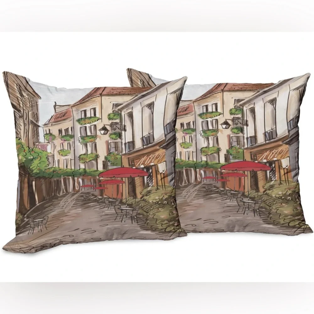 Parisian Cafe Scene Throw Pillow Covers - Set of 2, 24”